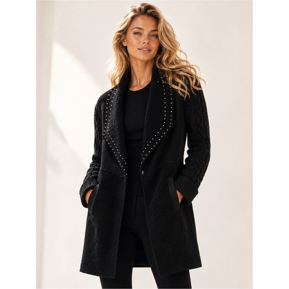 Vintage Simply Couture Studded Wool Blend Knit Coat Black L Parisian Statement